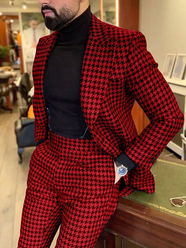 Men's Wedding Suits Peak Black+Red Fashion Business Plaid Tailored Fit 2 Piece Single Breasted One-button