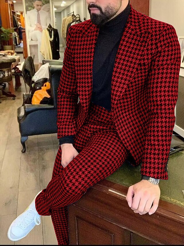 Men's Wedding Suits Peak Black+Red Fashion Business Plaid Tailored Fit 2 Piece Single Breasted One-button