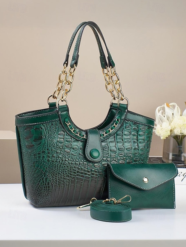 Women's 2-Piece Faux Leather Crocodile Tote Bag Set 鈥?Stylish Shoulder Handbag with Chain Detail and Wallet for Work, Travel and Daily Use