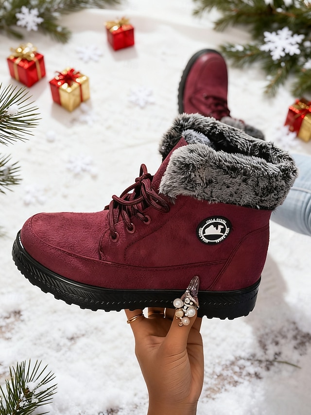 Women's Burgundy Faux Fur Lined Snow Boots 鈥?Warm Winter Boots for Outdoor Christmas Activities and Cold Weather Wear