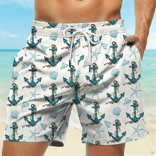 Men's Anchor Sea Creatures Swim Shorts Board Shorts Swimming Trunks Mid Waist Tropical Streetwear Hawaiian Vacation Daily Holiday Pocket Drawstring Elastic Waist Designer Clothing Apparel