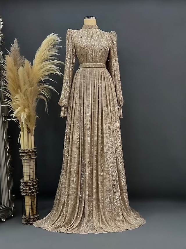 A-Line Floor Length Prom Dresses Evening Gown Ball Gown Formal Dress Elegant Glittering Long Sleeve Jewel Neck Christmas Black Tie Fall Wedding Guest Sequined with Ruched