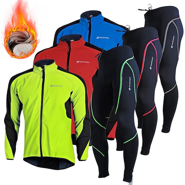Nuckily Men's Cycling Jacket with Pants Fleece Jacket Winter Thermal Warm Windproof 3D Pad Front Zipper Bike Windbreaker Clothing Suit Mountain Bike MTB Road Bike Cycling Red Blue Green Bike Wear