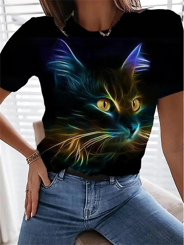 Women's T Shirt Fashion Cat Print Short Sleeve Regular Tops Round Neck Daily Weekend Black Yellow Navy Blue Beige Summer