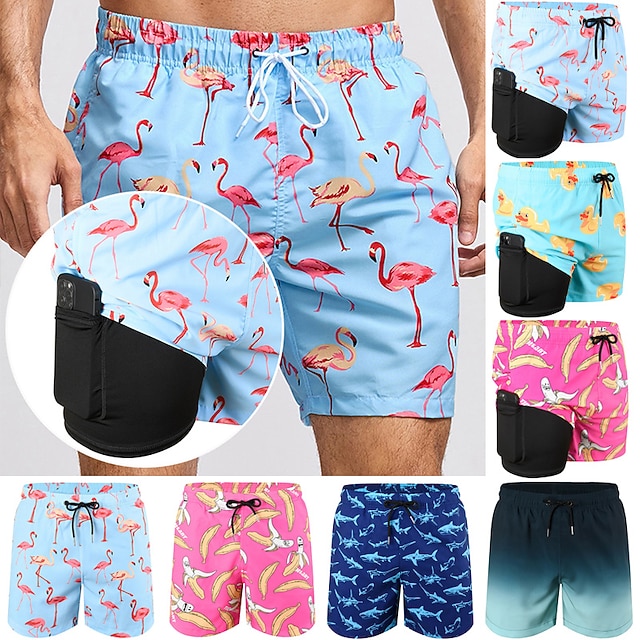 Men's Board Shorts Swim Shorts Swim Trunks Summer Shorts Drawstring Elastic Waist 2 in 1 Graphic Comfort Breathable Short Casual Holiday Beach Hawaiian Stylish Gradient blue Black