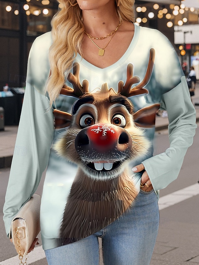 Women's T Shirt Modern Casual Print Long Sleeve Regular Tops V Neck  Daily Red Blue Brown Light Blue Fall Winter