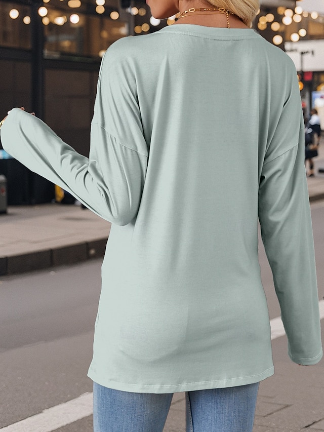 Women's T Shirt Modern Casual Print Long Sleeve Regular Tops V Neck  Daily Red Blue Brown Light Blue Fall Winter