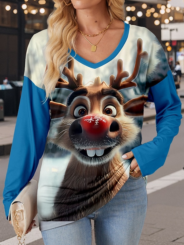 Women's T Shirt Modern Casual Print Long Sleeve Regular Tops V Neck  Daily Red Blue Brown Light Blue Fall Winter