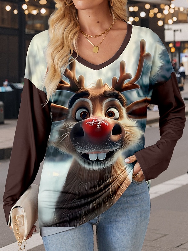 Women's T Shirt Modern Casual Print Long Sleeve Regular Tops V Neck  Daily Red Blue Brown Light Blue Fall Winter