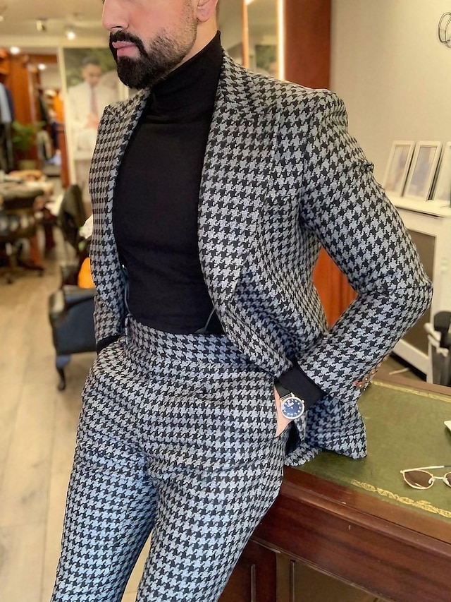 Men's Wedding Tweed Suits Peak Black Brown Checkered Tailored Fit 2 Piece Single Breasted One-button