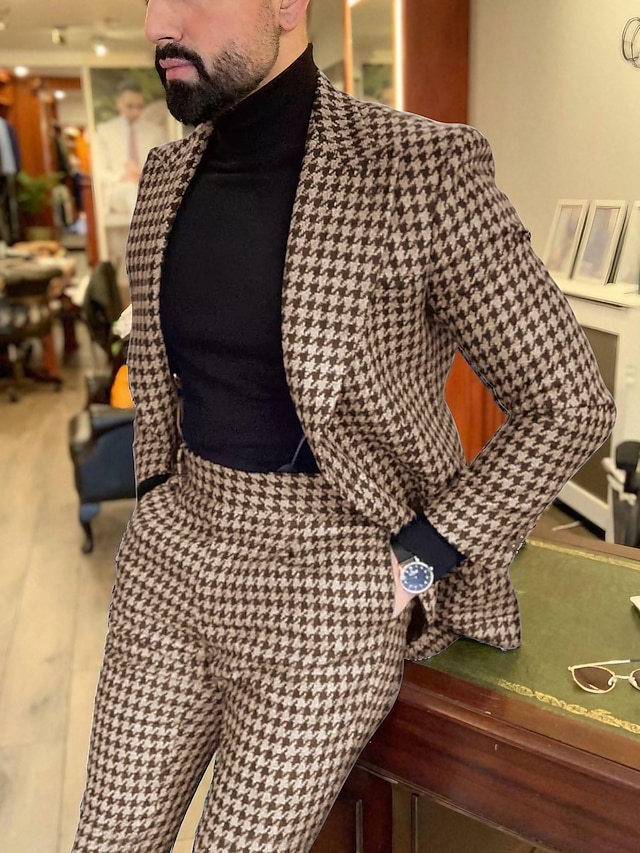 Men's Wedding Tweed Suits Peak Black Brown Checkered Tailored Fit 2 Piece Single Breasted One-button