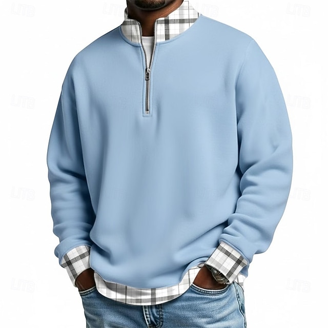 Men's Plaid Zip Polo Shirts Long Sleeve Polo Shirts Grandad Collar Casual School Athleisure Holiday Daily Wear 3D Print Quarter Zip Polo Spring Fall & Winter Blue Navy Blue Purple