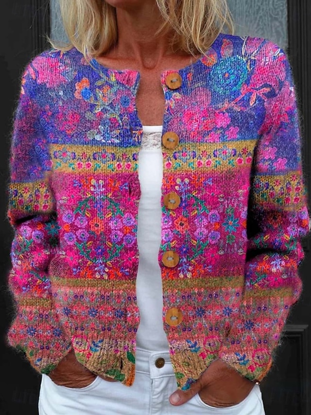 Women's Cardigan Sweater Knitted Ribbed Button Front Round Neck Long Sleeve Lightweight Daily Floral Graphic Geometric Buttons Print Regular Tops Knit Outdoor Weekend Purple Green Spring Fall