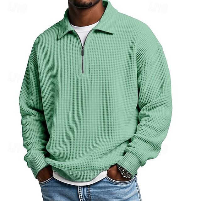 Men's Waffle Polo Shirts Textured Outdoor Causal Quarter Zip Long Sleeve Fashion Modern Solid Color Textured Knitted Spring & Fall All Seasons Loose Fit Black Navy Blue Dark Green Purple Khaki Light