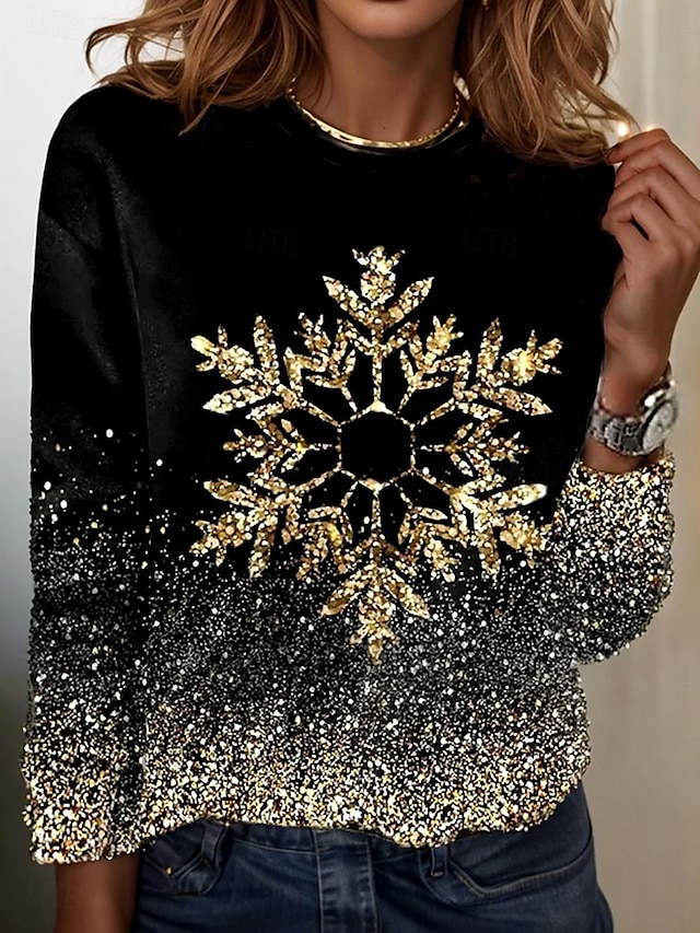 Christmas Women's T shirt Crew Neck Long Sleeve Tunic Casual Print Regular Tops Daily Black Spring Fall