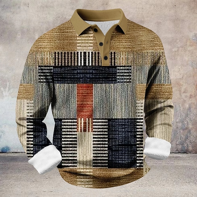Men's Color Block Geometic Polo Shirts Themmal Shirts Long Sleeve Polo Shirts Lapel Casual Athleisure Holiday Daily Wear 3D Print Spring Fall Winter Blue Brown Gray