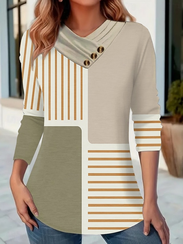 Women's T Shirt Graphic Geometric Color Block Vintage Stylish Classic Long Sleeve V Neck Regular Tops Daily Weekend Buttons Print Blue Pink Khaki Spring Fall Winter