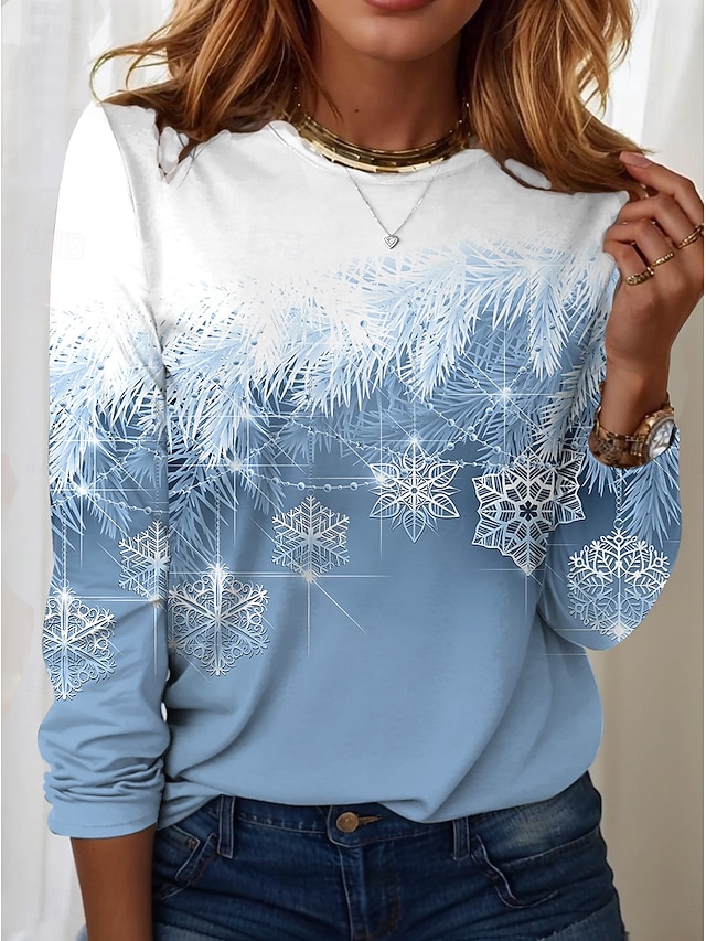 Women's Sweatshirt Winter Snowflake Print Blue Gradient Casual Comfortable Pullover Regular Fit Holiday Season Cozy Top Prefall