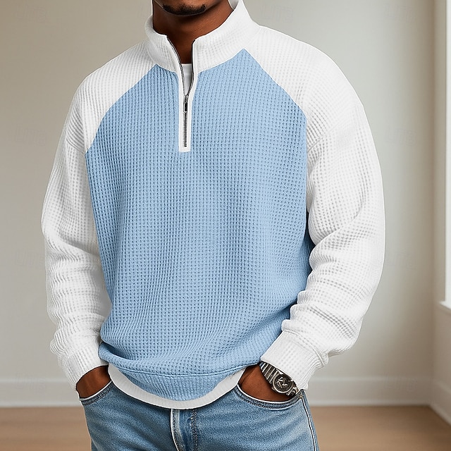 Men's Waffle Polo Shirts Polo Casual Formal Banded Collar Long Sleeve Fashion Solid Color Textured Buttons Plain Fall Spring & Fall Fall & Winter Regular Fit Black Light Green Light Blue Navy Blue