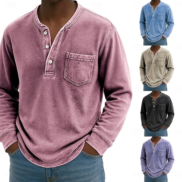 Men's Henley Shirt 100% Cotton Acid Wash Shirt T shirt Tee Long Sleeve Vintage Retro Vintage Casual Vintage Style Washed Henley Casual Spring Fall All Seasons Dark Brown Black Pink Henley T-Shirt