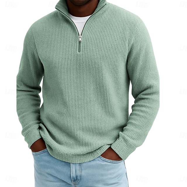 Men's Waffle Polo Shirts Textured Outdoor Causal Quarter Zip Long Sleeve Fashion Modern Solid Color Textured Knitted Fall Spring & Fall Fall & Winter Regular Fit Dark Brown Wine Black White Navy