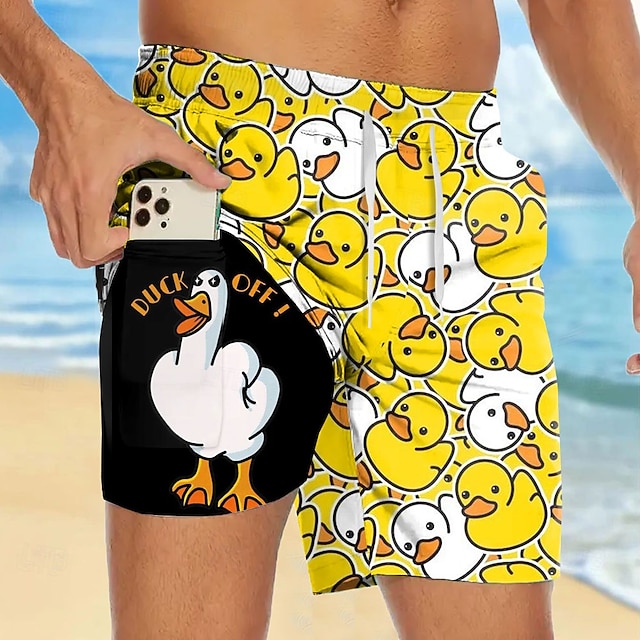 Men's Animal Funny Duck Lined Shorts 2 in 1 Board Shorts Swim Shorts Mid Waist Hawaiian Vacation Holiday Beach Wear Side Pockets With Compression Liner Elastic Drawstring Waist Designer Clothing