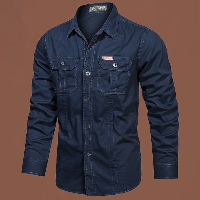Men's Cargo Shirt Hiking Shirt Tactical Military Shirt Long Sleeve Turndown Top Outdoor Breathable Cotton Black White Army Green Hunting Workout Traveling