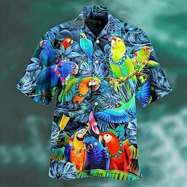Men's Animal Parrot Palm Leaf Shirt Summer Hawaiian Shirt Camp Collar Shirt Short Sleeve Shirt Turndown Fashion Designer Casual Outdoor Street Casual Lake blue Sea Blue Red 3D Print S M L