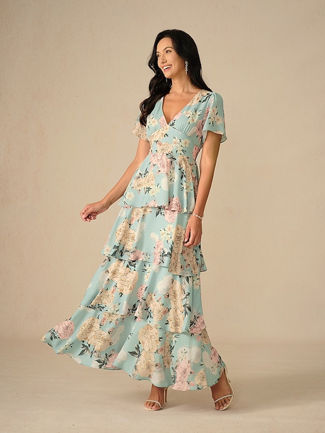 Women's Maxi Dress A Line Dress Layered Dress Elegant Ruffle Sleeve Vacation Loose Fit Floral Short Sleeve V Neck Sage Green Summer