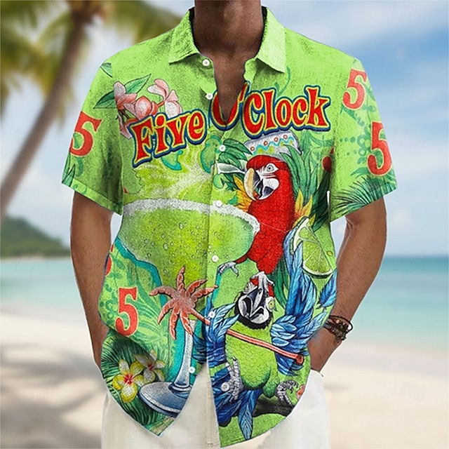 Men's Animal Parrot Tropical Plants Summer Hawaiian Shirt Button Up Shirt Aloha Shirt Short Sleeve Hawaiian Vacation Beach Wear Summer Spring Turndown 3D Print Collared Shirts Pink Green