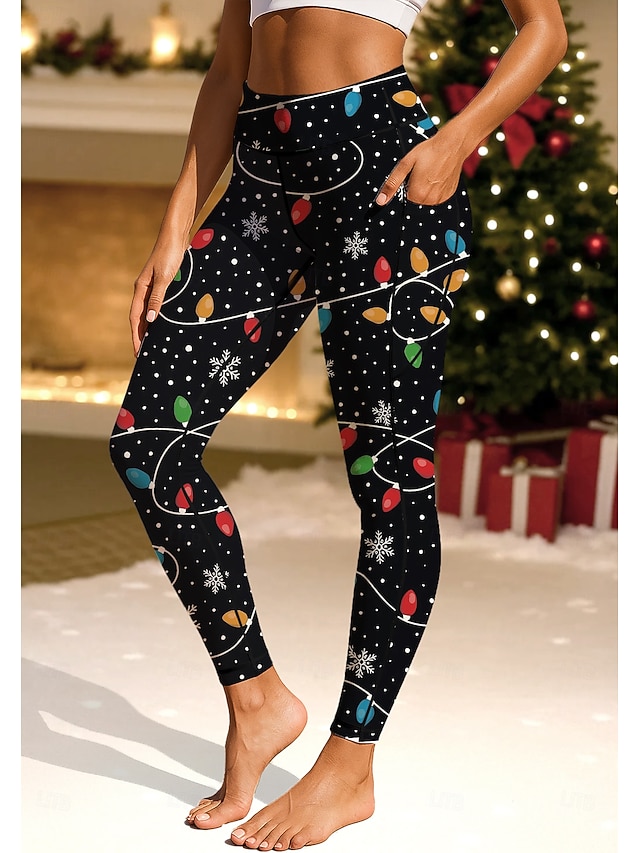 Christmas Women's pilates leggings fitness pants Gym Leggings Pockets Stamp Duty Side Pockets Pilates Gym Gym Workout Pants Tights Leggings Christmas Black Dark Red Red Sports Activewear Stretchy