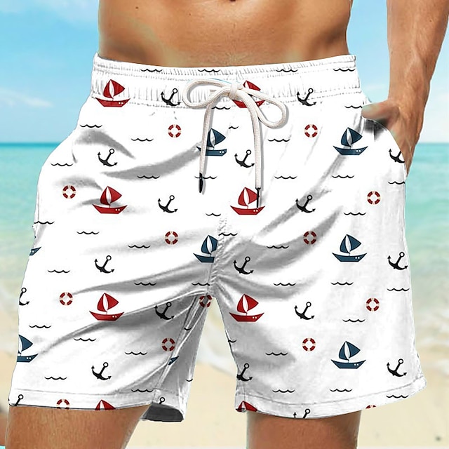 Men's Boat Swim Shorts Board Shorts Swimming Trunks Mid Waist Hawaiian Casual Holiday Beach Drawstring with Mesh lining Elastic Waist Designer Clothing Apparel