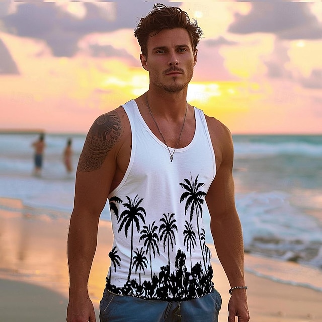 Men's 100% Cotton Graphic Tank Top Casual Vest Top Coconut Tree Fashion Hawaiian Undershirt Street Daily Beach T shirt White Blue Short Sleeve Crew Neck Shirt Spring & Summer Clothing Apparel