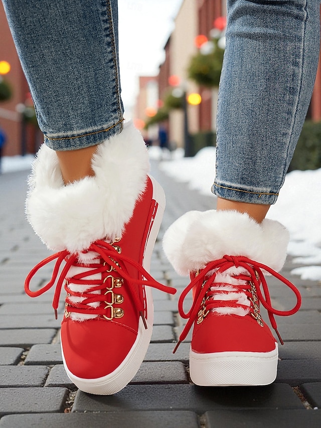 Women's Red Faux Fur Sneakers - Warm Winter Lace-Up Shoes with Plush Lining, Christmas Casual Footwear for Outdoor and Street Style Looks