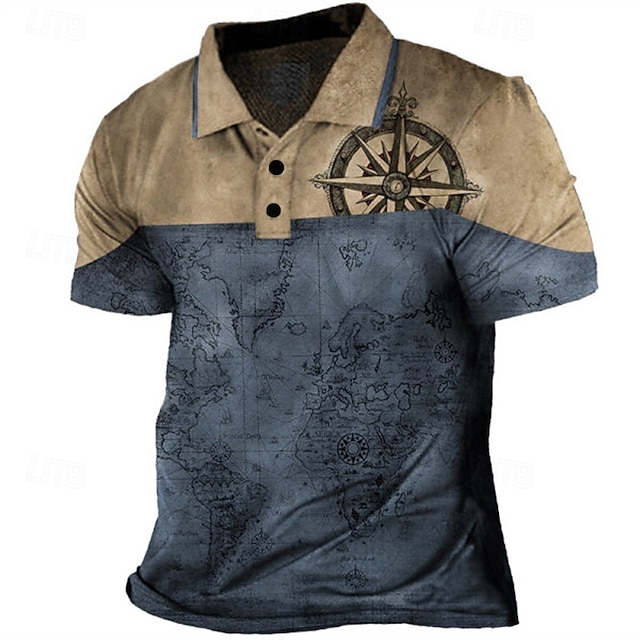 Men's Nautical Polo Shirts Golf Shirt Short Sleeve Polo Shirts Collared Shirts Vintage Casual Vacation Wear Boat Wear Party Outfits Buttons 3D Print Blue Dusty Blue Purple