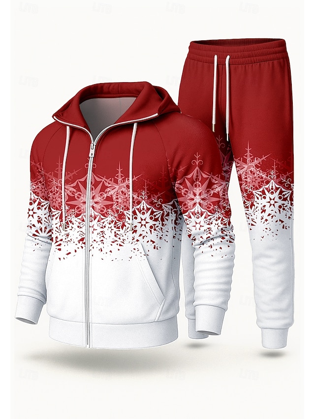 Christmas Men's Hoodie Tracksuit 2 Piece Tracksuit Drawstring Zip Up Color Gradient Clothing Suit Fall Black Red Vocation Outdoor Travel Lightweight Fashion Long Sleeve Sport Activewear Stretchy