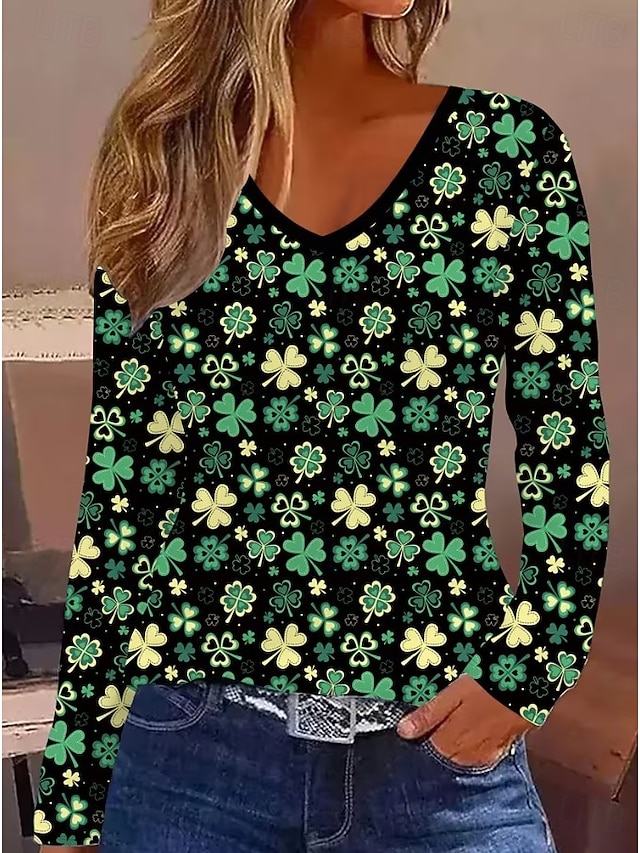 St. Patrick's Day Lucky Women's T Shirt Graphic Shamrock Vintage Stylish Classic Long Sleeve V Neck Regular Tops Daily Print Black Spring Fall