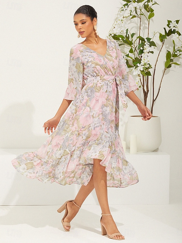 Women's Long Dress Maxi Dress Chiffon Dress Elegant Stylish Flutter Sleeve Wedding Vacation Daily Loose Fit Floral 3/4 Length Sleeve V Neck Pink Summer Spring Fall