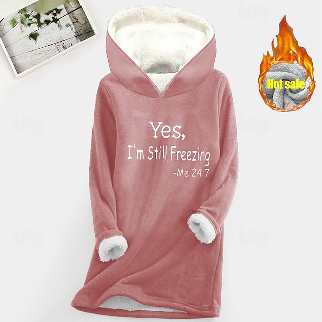 Women's Hoodie Sweatshirt Pullover Sherpa Letter Casual Sports Print Warm Fuzzy Comfort Hoodie Long Sleeve Top Micro-elastic Fall & Winter Comfort Breathable Soft Fabric