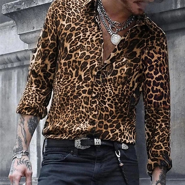 Men's Leopard Shirt Button Up Shirt Long Sleeve Designer Breathable Comfortable Daily Weekend Spring &  Fall Turndown Button-Down Blue Light Pink Brown Green Gray