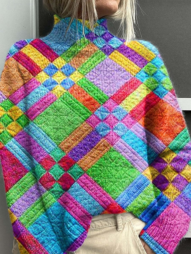 Women's Sweater Casual Soft Geometric Ribbed Turtleneck Knitted Print Long Sleeve Regular Tops Knit Outdoor Daily Weekend Yellow Blue Fall Winter