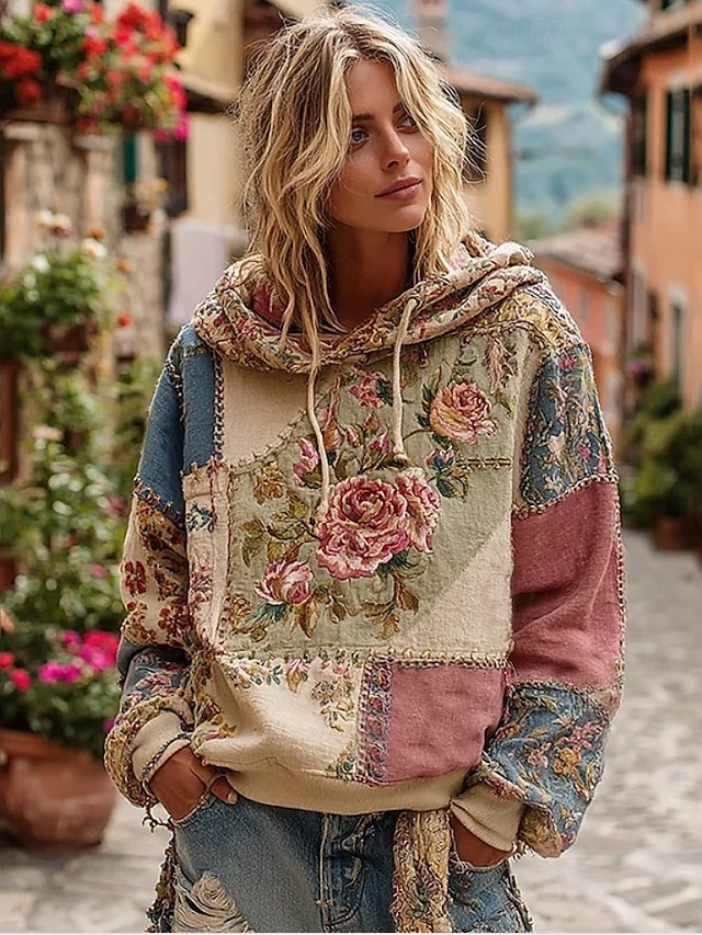 Women's 3D Print Vintage Boho Hoodie Patchwork Hoodie Sweatshirt Floral Pullover Sweatshirt Oversized Warm Active Hooded Street Dailywear Patchwork Black White Yellow Dark Pink Spring Fall Winter