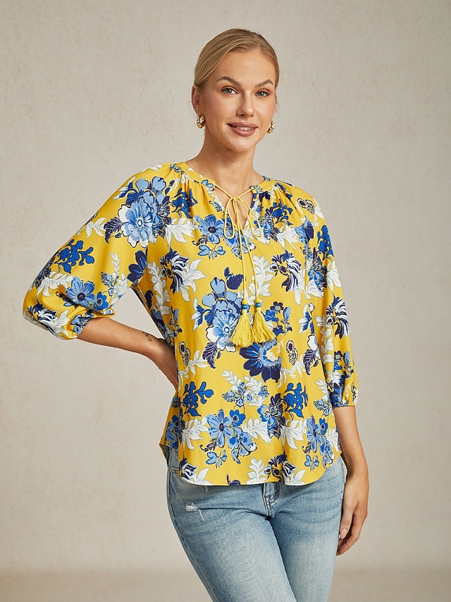 Women's Female Casual Shirt Floral Casual T-shirt Sleeve Yellow Floral 3/4 Sleeve Vacation V Neck