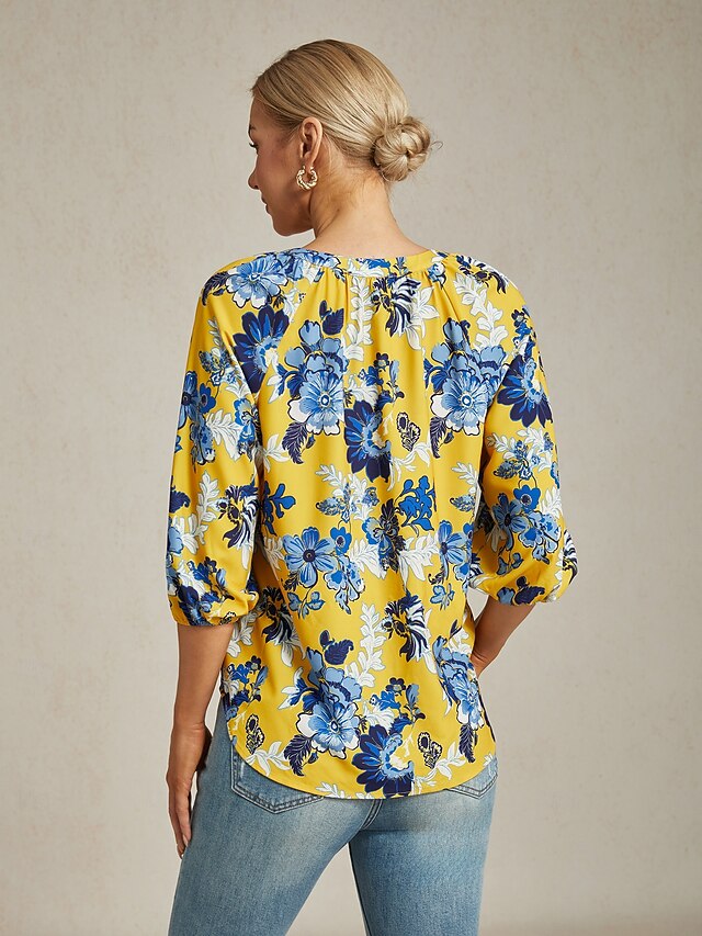 Women's Female Casual Shirt Floral Casual T-shirt Sleeve Yellow Floral 3/4 Sleeve Vacation V Neck