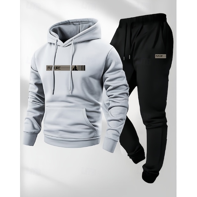 Men's 2 Piece Tracksuit Sports Sweatpants Hooded Sweatshirt with Pocket Solid Colored Clothing Suit Fall / Winter Dark Grey Black Gym Hiking Workout Breathable Long Sleeve Sport Activewear