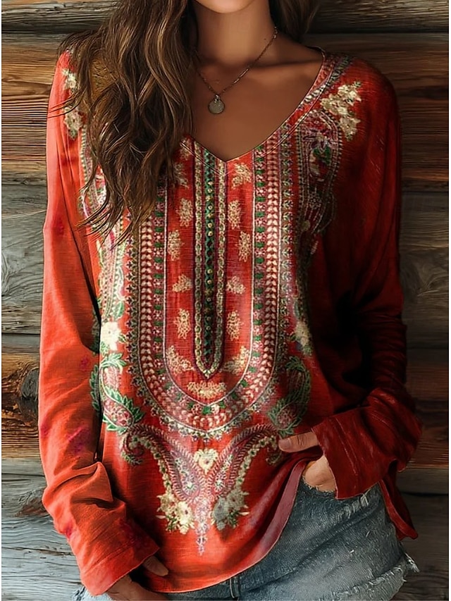 Women's T shirt Long Sleeve Floral Graphic Plants Vintage Stylish Casual Long Sleeve V Neck Regular Tops Daily Weekend Print Sage Green Pink Red Purple Green Spring Fall Prefall