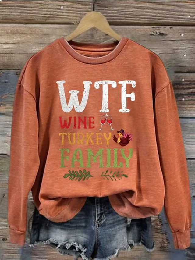Women's Casual Wtf Wine Turkey Family Print Hoodies Letter Casual Long Sleeve Round Neck Regular Tops Work White Orange Green Gray Fall Winter
