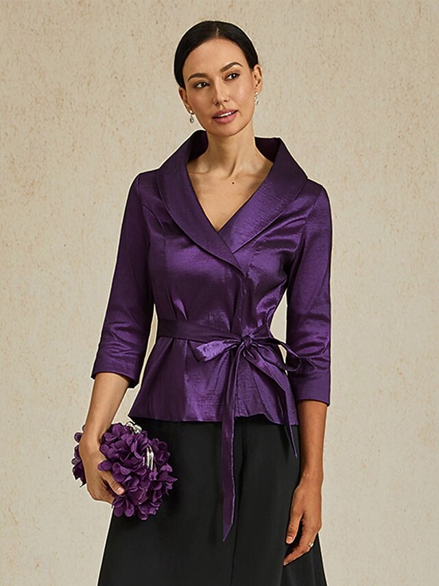 Women's Blouse Evening Tops Solid Color Plain Elegant Metallic Stylish 3/4 Length Sleeve V Neck Regular Tops Wedding Guest Evening Party Semi Formal Tie Front Eggplant Spring, Fall, Winter, Summer