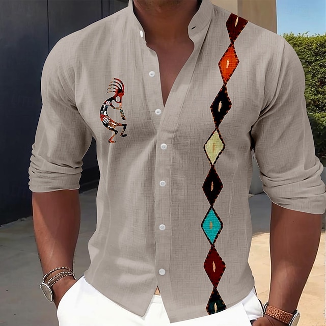 Men's Ethnic Indian Culture Kokopelli Shirt Button Up Shirt Stand Collar Shirt Long Sleeve Vintage Retro Daily Outdoor Vacation Spring Fall Mandarin Collar Band Collar 3D Print Linen Like Shirt Green
