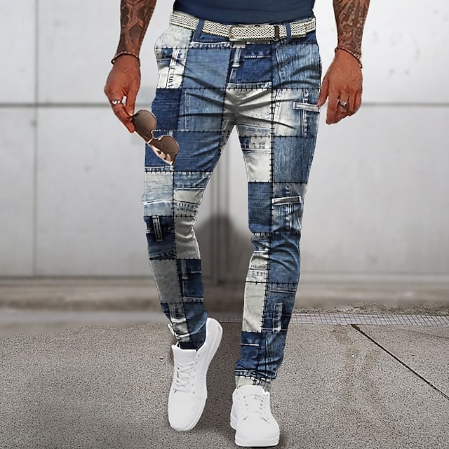 Patchwork Pattern Plaid Geometry Men's Business 3D Printed Dress Pant Trousers Classic Fit Flat Front Pant Navy Blue Mid Waist Outdoor Street Wear S TO 3XL